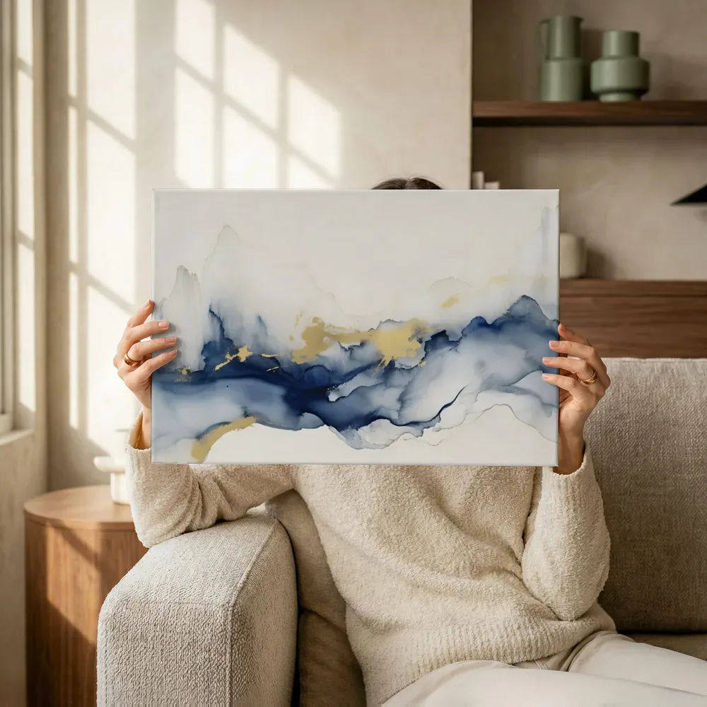 Sfeerimpressie: Wazig berglandschap in wit en marineblauw terwijl het omhoog wordt gehouden