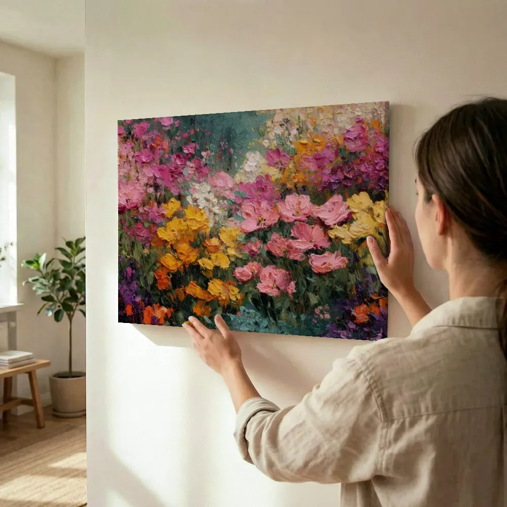 Sfeerimpressie: Weelderige bloementuin in roze en goud terwijl het wordt opgehangen