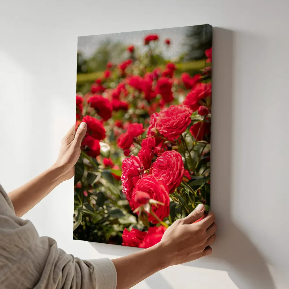 Sfeerimpressie: Weelderige rode rozenstruik terwijl het aan de muur wordt gehangen