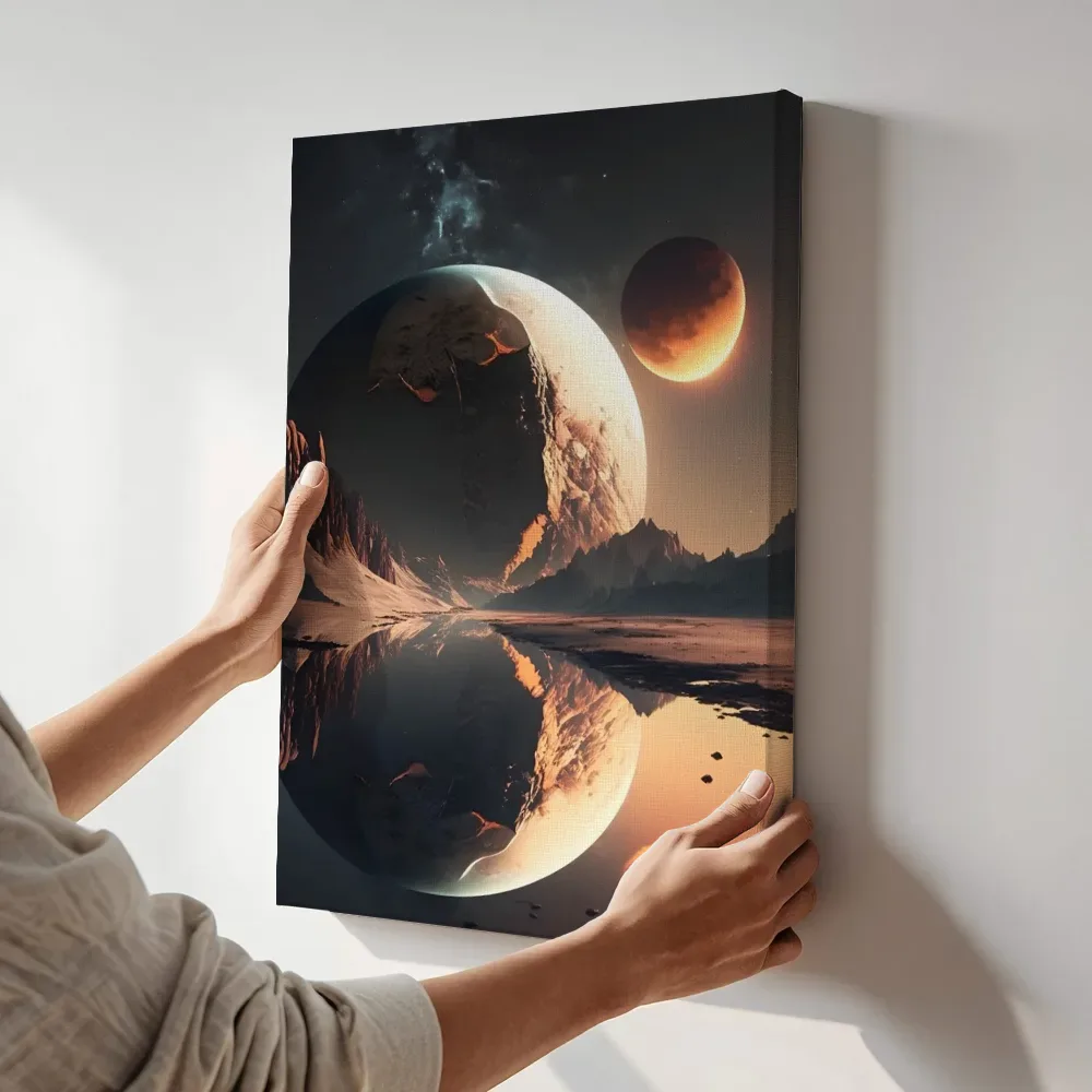 Sfeerimpressie: Weerspiegelde planeten boven het IJsmeer terwijl het aan de muur wordt gehangen