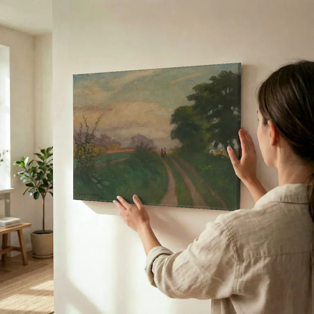 Sfeerimpressie: Weg naar Surheide, avondzon van Otto Modersohn terwijl het wordt opgehangen