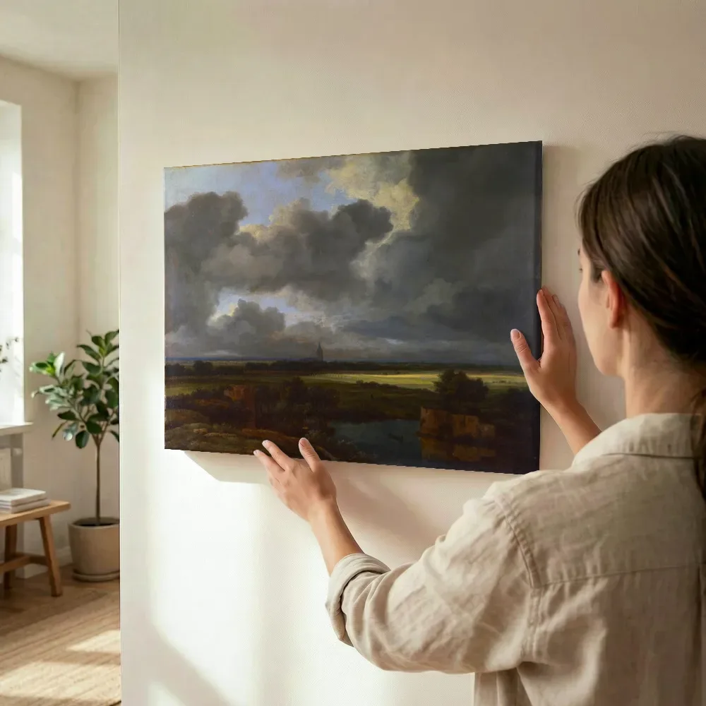 Sfeerimpressie: Weids landschap met kasteelruïne en kerktoren van Jacob van Ruisdael terwijl het wordt opgehangen
