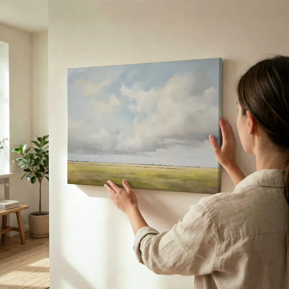 Sfeerimpressie: Weids landschap met wolkenlucht terwijl het wordt opgehangen