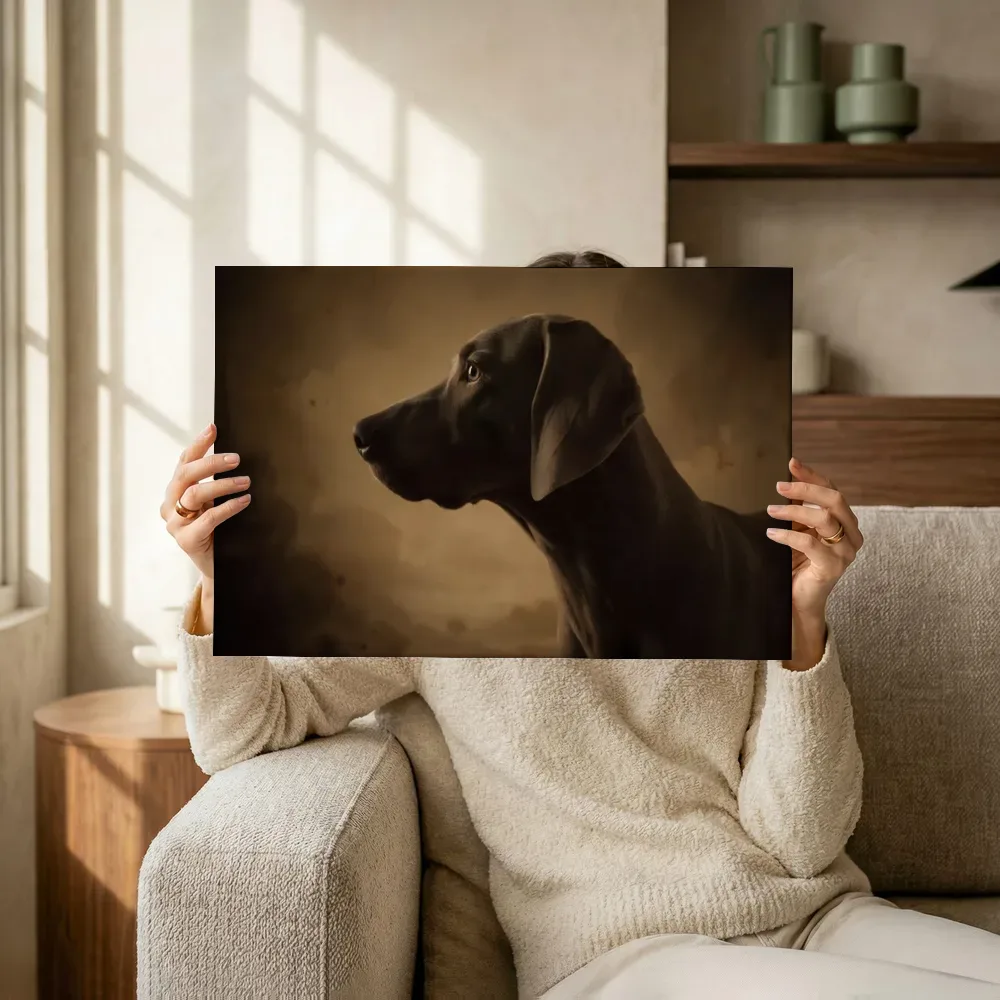 Sfeerimpressie: Weimaraner en profil in sepia terwijl het omhoog wordt gehouden