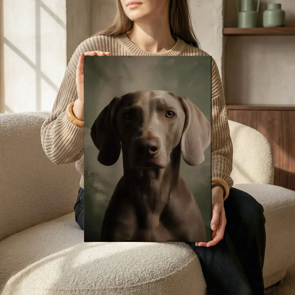 Sfeerimpressie: Weimaraner van voren in salie terwijl het zittend wordt getoond