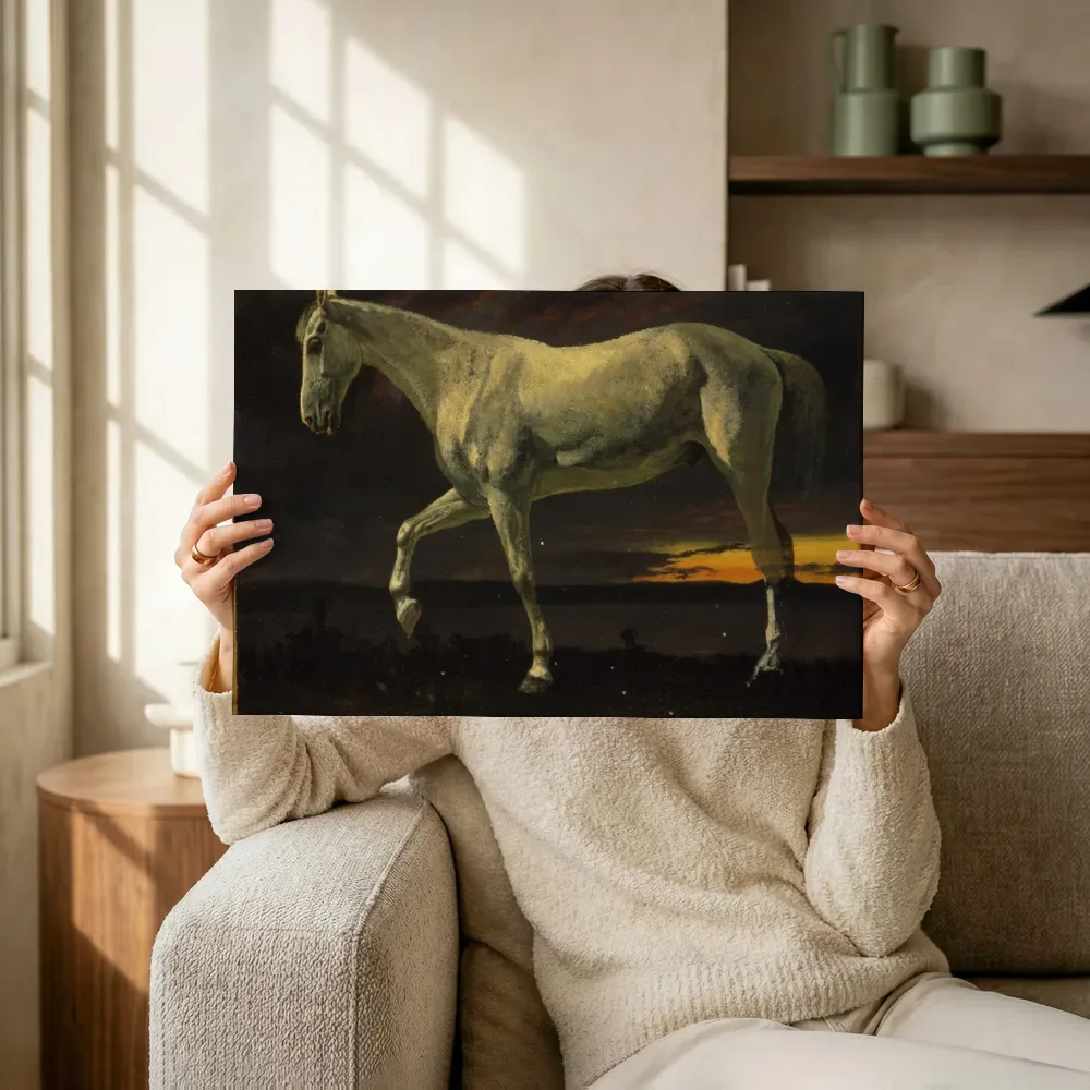 Sfeerimpressie: Wit paard en zonsondergang van Albert Bierstadt terwijl het omhoog wordt gehouden