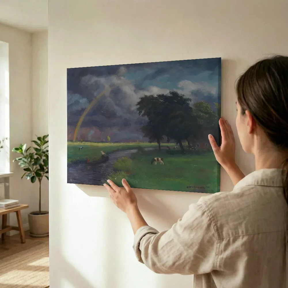 Sfeerimpressie: Weidelandschap na de regen van Otto Modersohn terwijl het wordt opgehangen