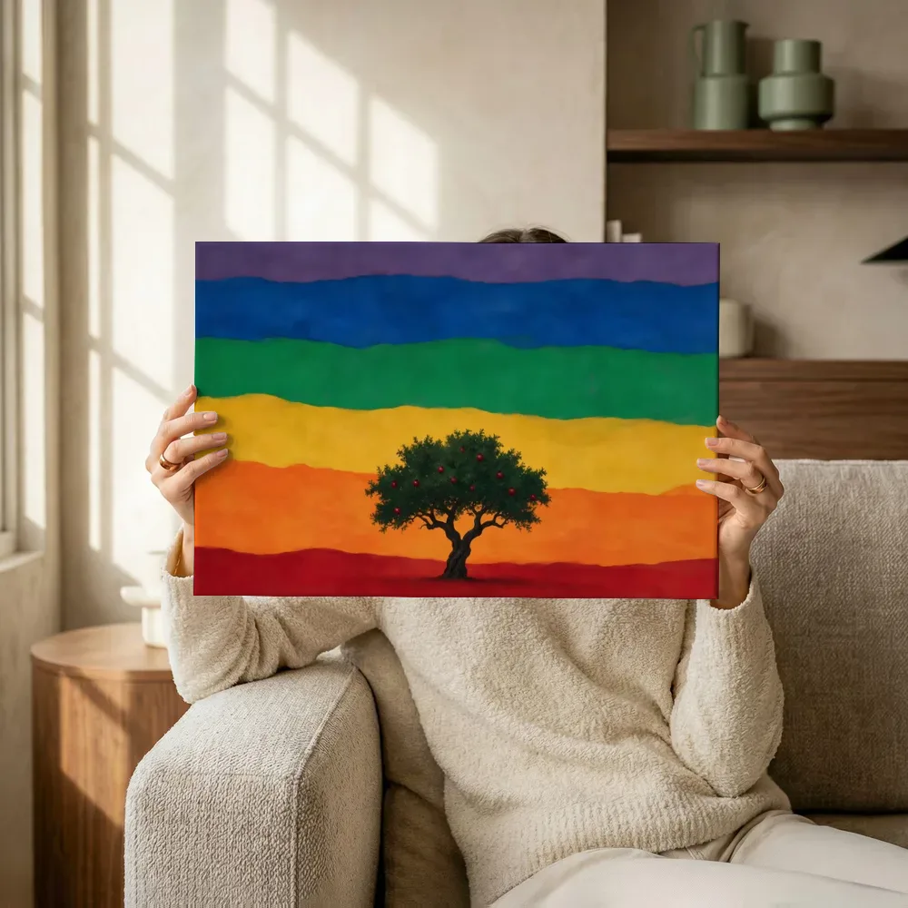 Sfeerimpressie: Losse boom in alle kleuren van de regenboog terwijl het omhoog wordt gehouden