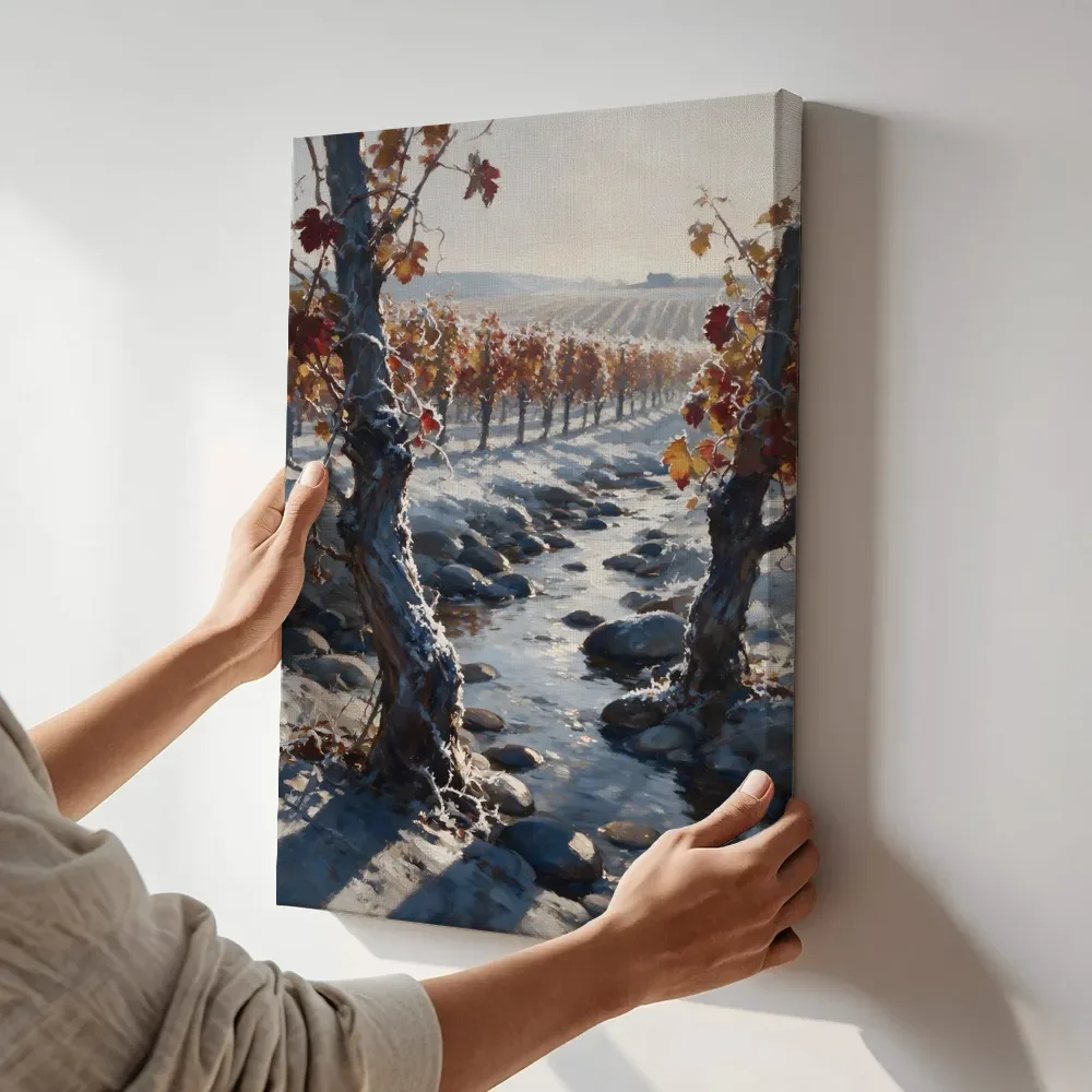 Sfeerimpressie: Wijngaard in de herfst in rijp en mist terwijl het aan de muur wordt gehangen
