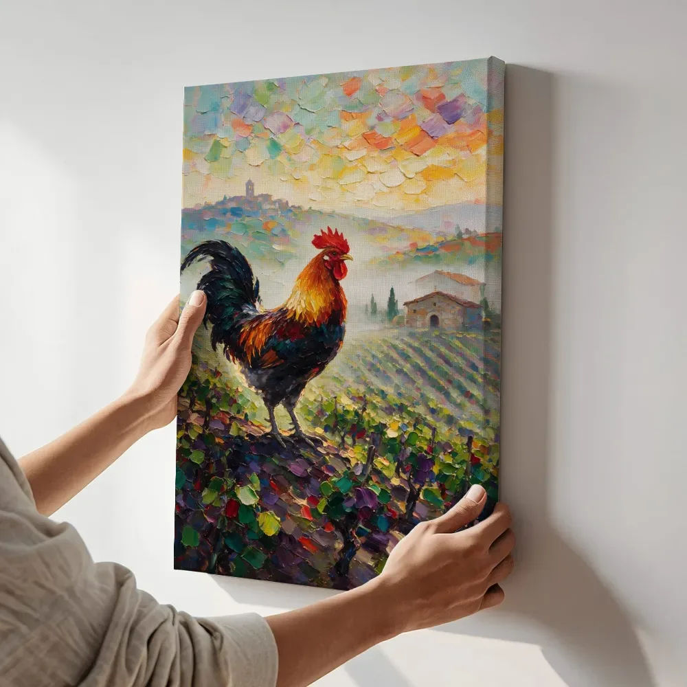 Sfeerimpressie: Wijngaard in de ochtendmist in de mist terwijl het aan de muur wordt gehangen