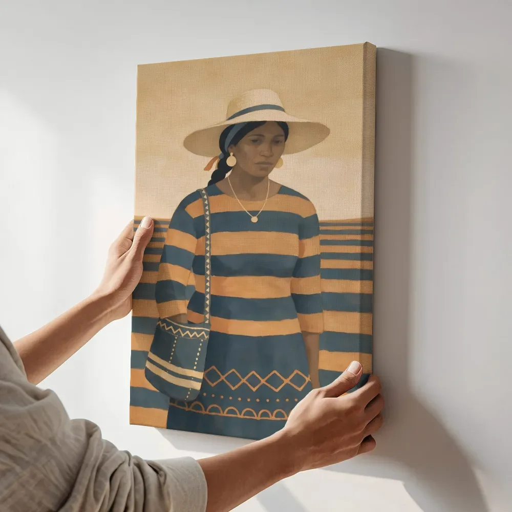Sfeerimpressie: Vrouw in grijsblauw en abrikoos terwijl het aan de muur wordt gehangen