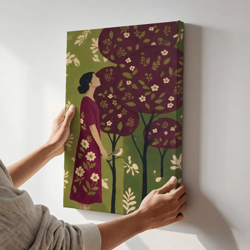 Sfeerimpressie: Vrouw in magenta en olijfgroen terwijl het aan de muur wordt gehangen