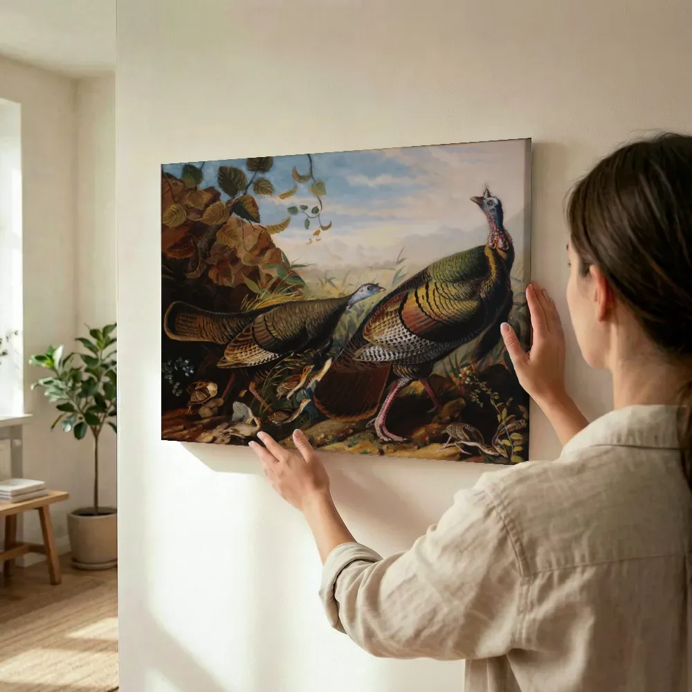 Sfeerimpressie: Wilde kalkoenhaan, hen en jongen van John James Audubon terwijl het wordt opgehangen