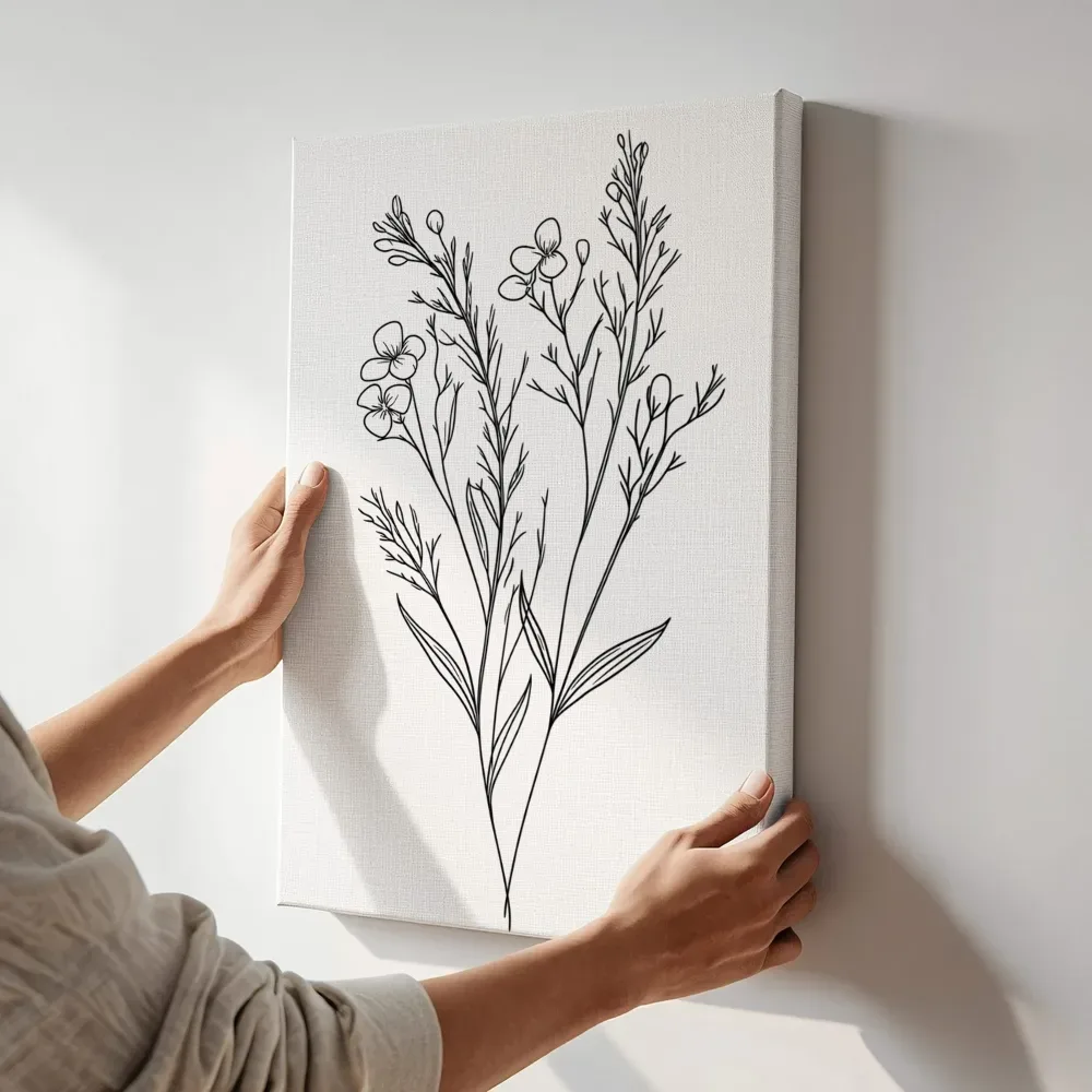 Sfeerimpressie: Wilde bloementakken lijntekening terwijl het aan de muur wordt gehangen