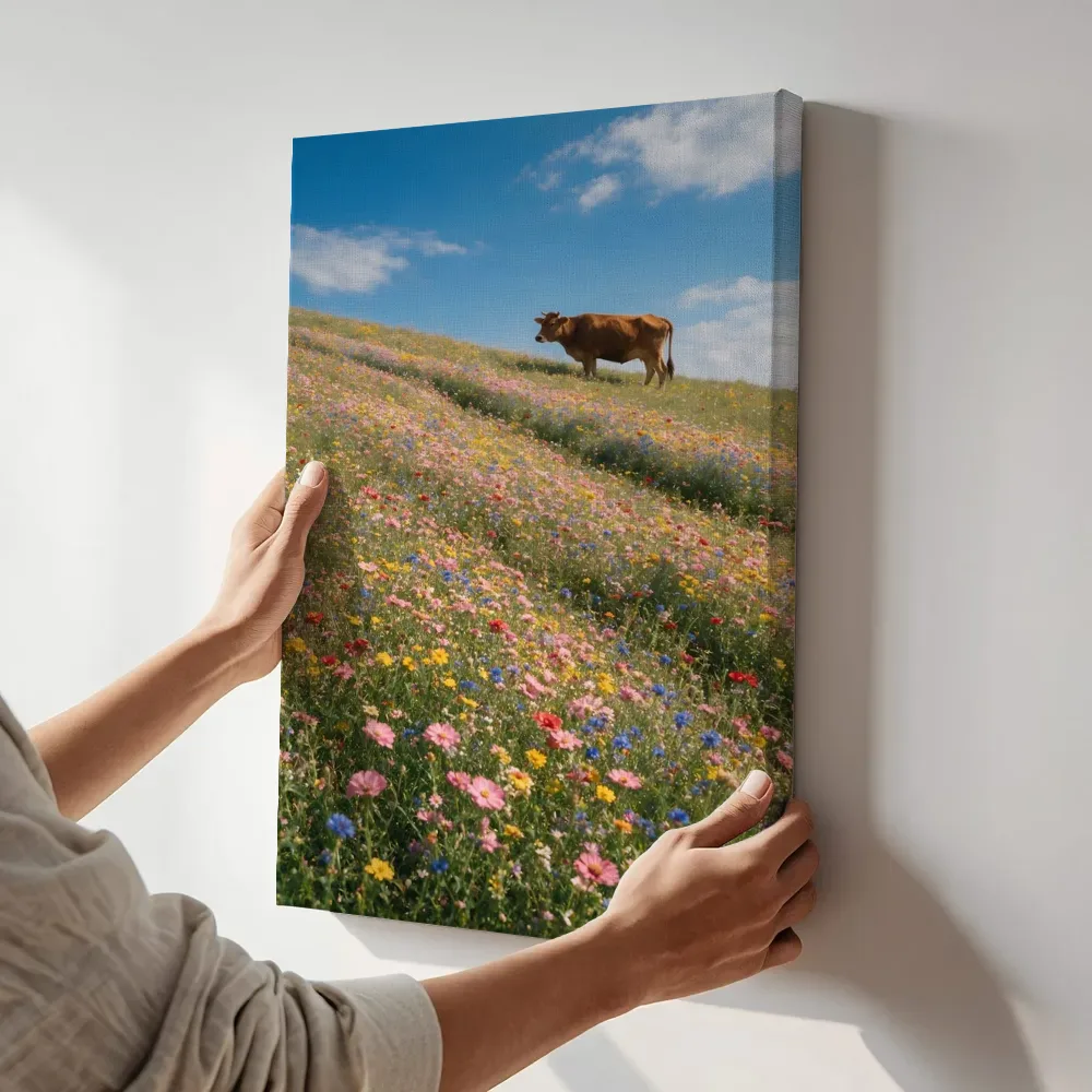 Sfeerimpressie: Wilde Bloemenweide bij volle zon 4 terwijl het aan de muur wordt gehangen