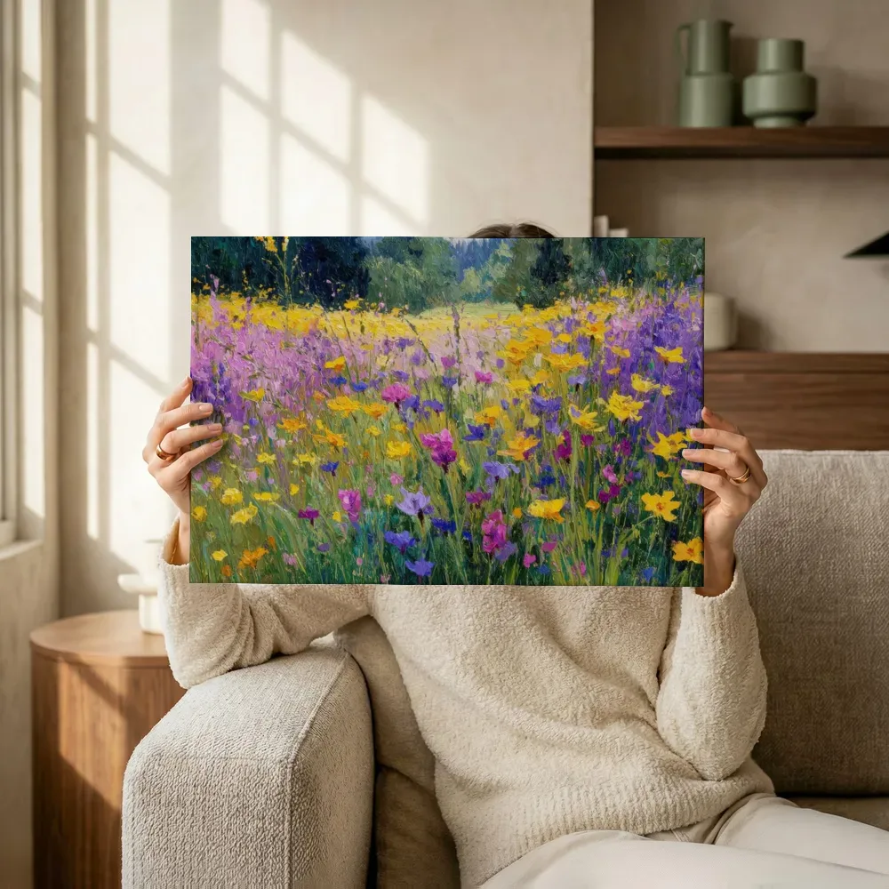 Sfeerimpressie: Wilde bloemenweide met paarse en gele bloemen terwijl het omhoog wordt gehouden