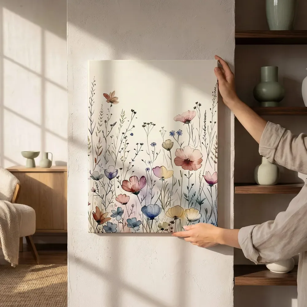 Sfeerimpressie: Wilde veldbloemen in pastelaquarel naast de kast