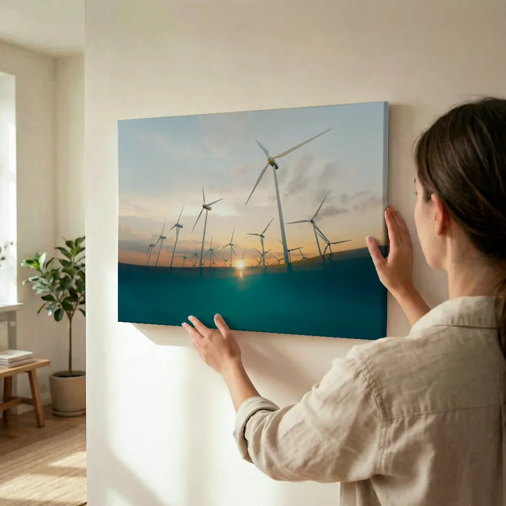 Sfeerimpressie: Windturbines op zee bij zonsondergang terwijl het wordt opgehangen