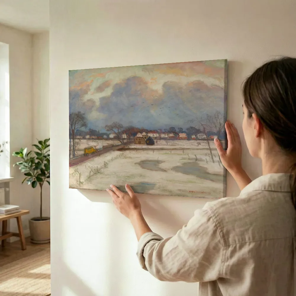 Sfeerimpressie: Winter in Fischerhude van Otto Modersohn terwijl het wordt opgehangen