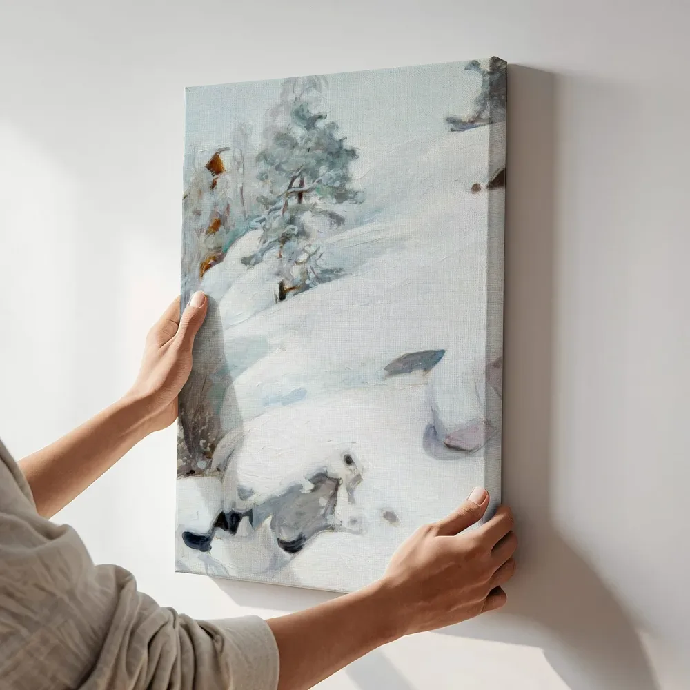 Sfeerimpressie: Winterlandschap van Pekka Halonen terwijl het aan de muur wordt gehangen