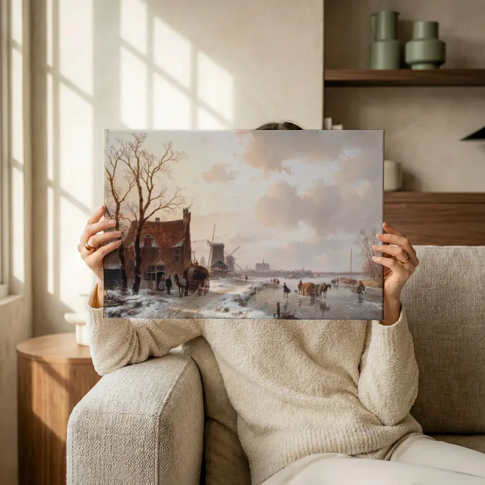 Sfeerimpressie: Winterlandschap met paarden op het ijs van Andreas Schelfhout terwijl het omhoog wordt gehouden