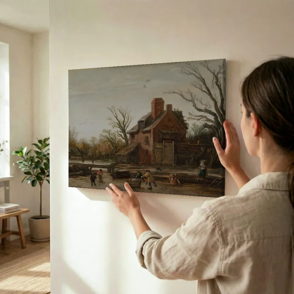 Sfeerimpressie: Winterlandschap met boerderij van Esaias van de Velde terwijl het wordt opgehangen