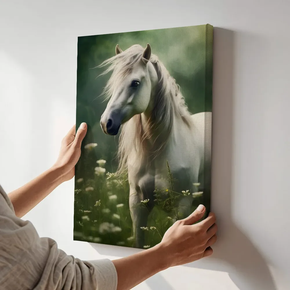 Sfeerimpressie: Wit paard in bloemenweide terwijl het aan de muur wordt gehangen