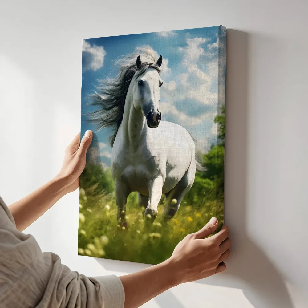 Sfeerimpressie: Wit paard in galop onder blauwe lucht terwijl het aan de muur wordt gehangen