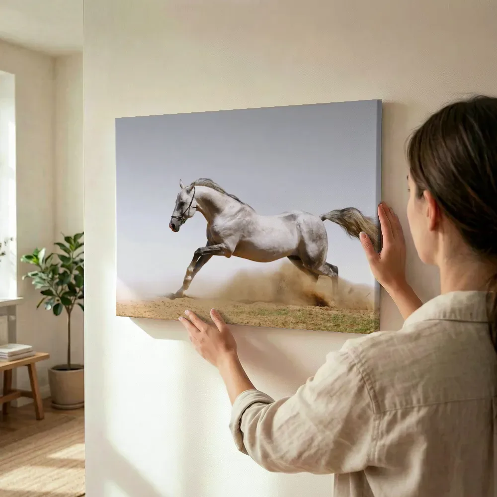 Sfeerimpressie: Wit paard in de woestijn terwijl het wordt opgehangen