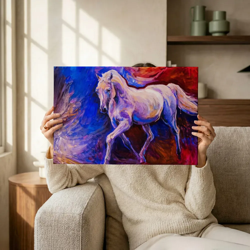 Sfeerimpressie: Wit paard in expressieve kleuren terwijl het omhoog wordt gehouden