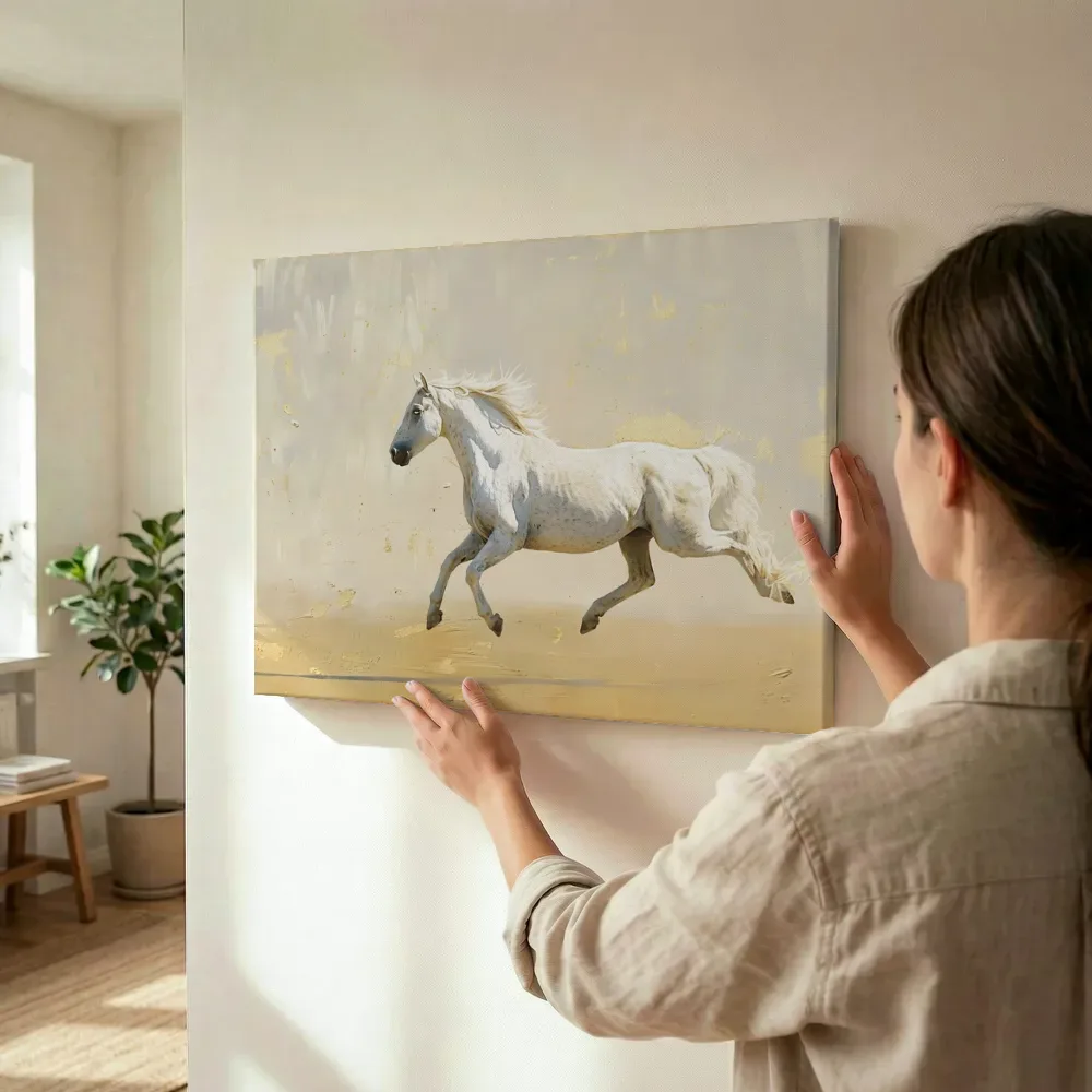 Sfeerimpressie: Wit paard in galop terwijl het wordt opgehangen