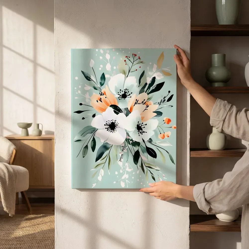 Sfeerimpressie: Witte anemonen aquarel naast de kast