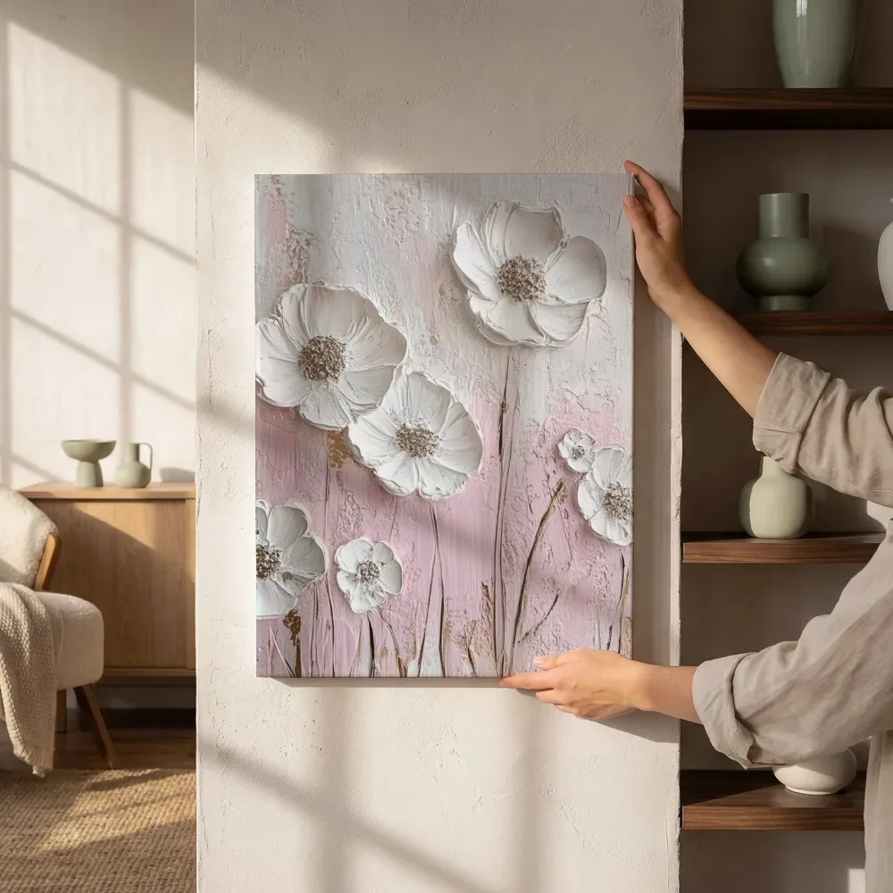 Sfeerimpressie: Witte anemonen op hout naast de kast