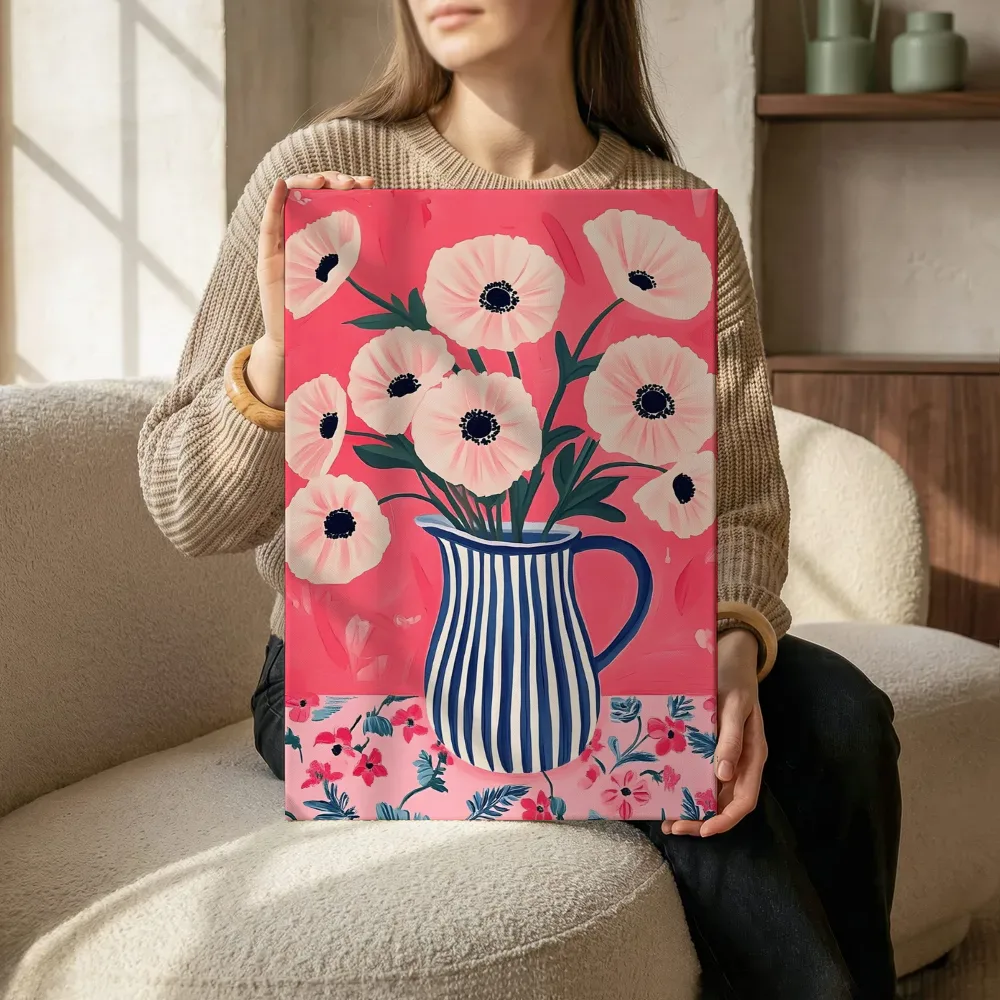 Sfeerimpressie: Witte anemonen in gestreepte kan terwijl het zittend wordt getoond