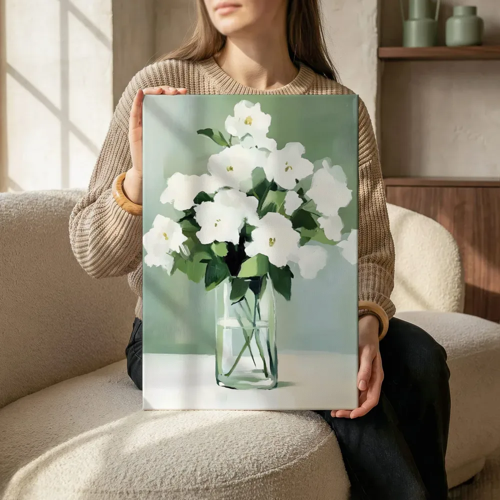 Sfeerimpressie: Witte bloemen in glazen vaas terwijl het zittend wordt getoond
