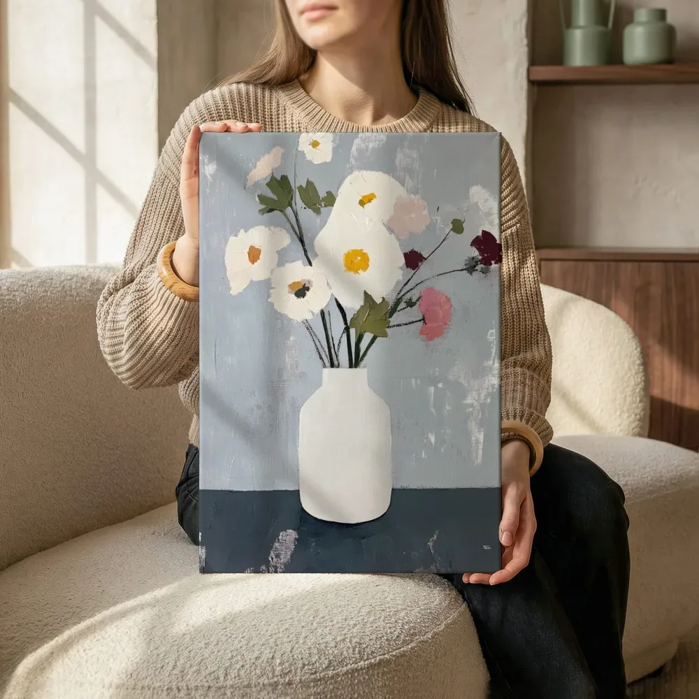 Sfeerimpressie: Witte bloemen in vaas terwijl het zittend wordt getoond
