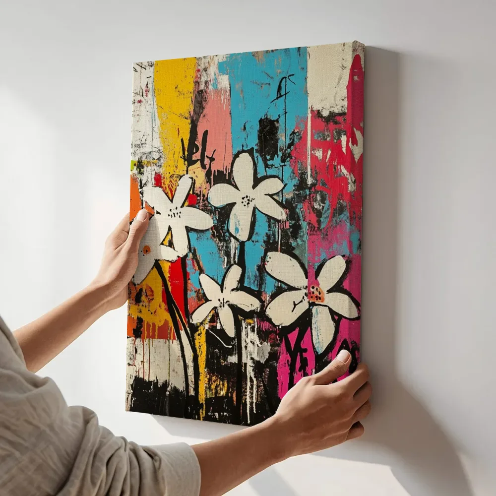 Sfeerimpressie: Witte bloesems op kleurstroken terwijl het aan de muur wordt gehangen