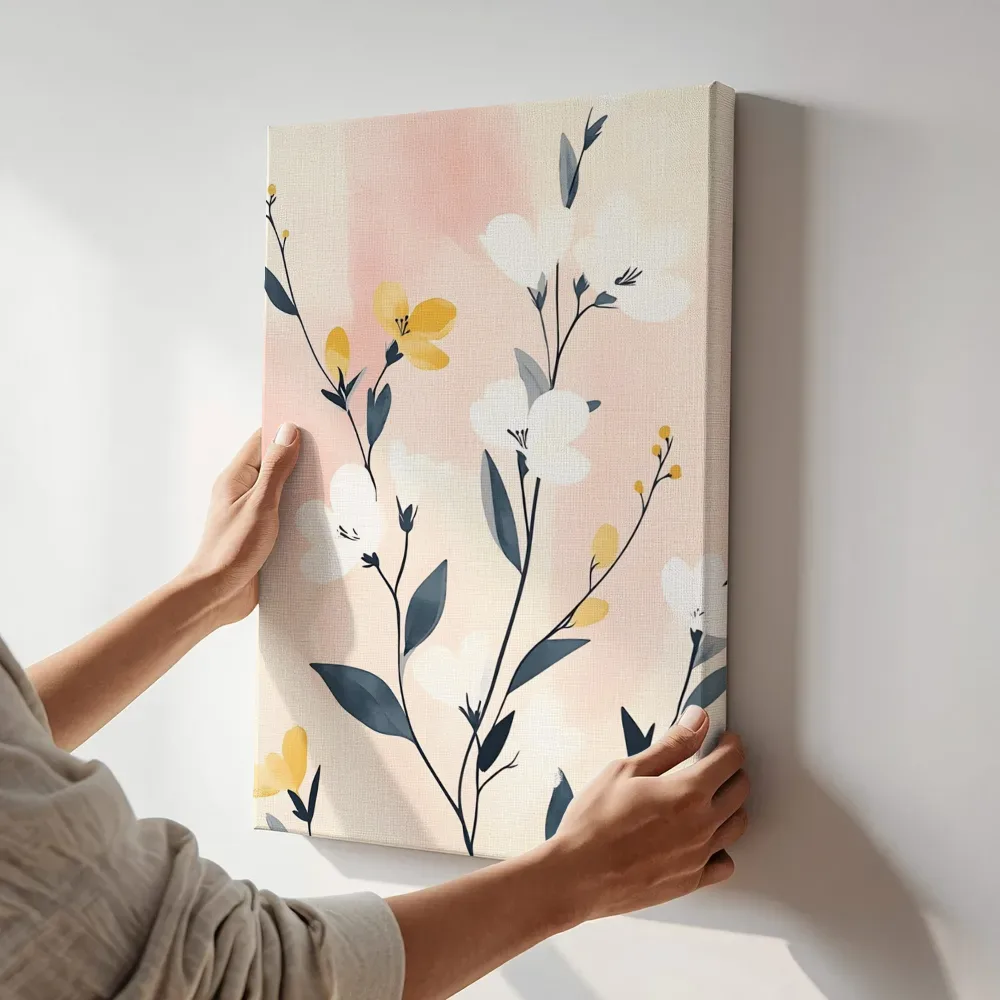 Sfeerimpressie: Witte bloesemtak terwijl het aan de muur wordt gehangen