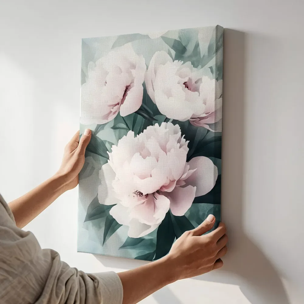 Sfeerimpressie: Witte blush pioenrozen close-up terwijl het aan de muur wordt gehangen