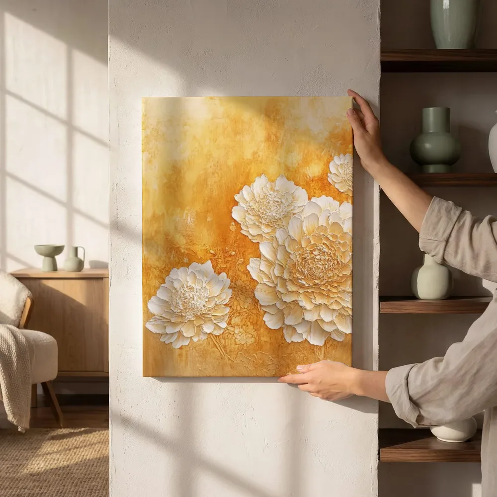 Sfeerimpressie: Witte chrysanten op goud naast de kast