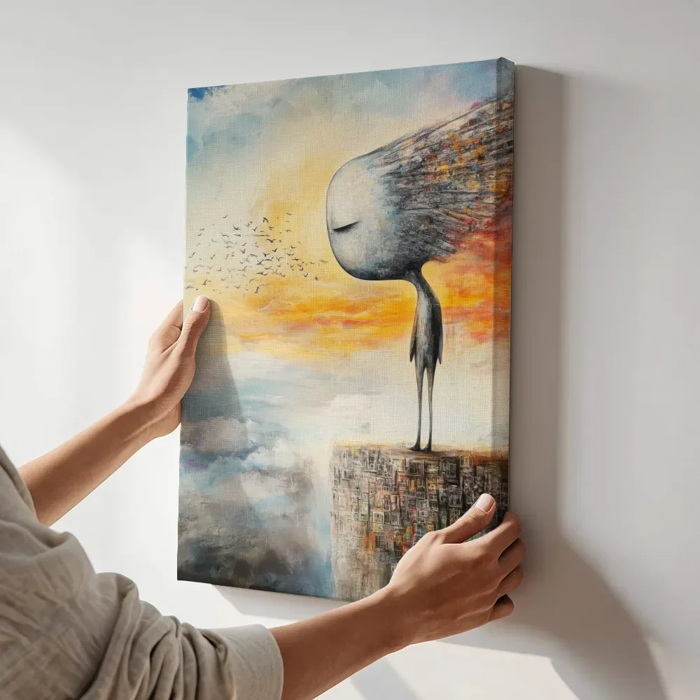 Sfeerimpressie: Witte figuur bij zonsondergang terwijl het aan de muur wordt gehangen