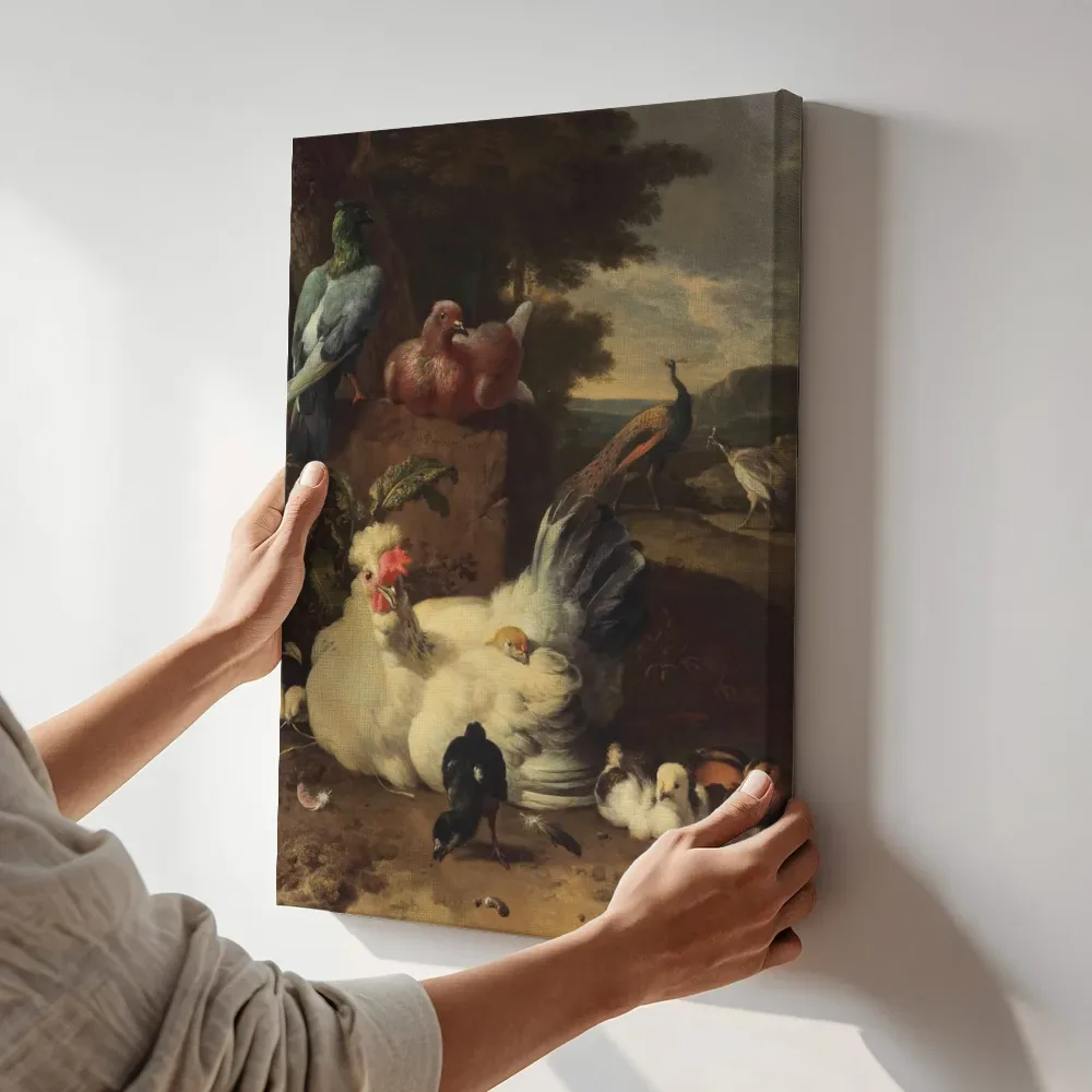 Sfeerimpressie: Witte hen met kuikens, duiven en pauwen naast een stenen muur in een landschap, jaren 1660 van Melchior d'Hondecoeter terwijl het aan de muur wordt gehangen