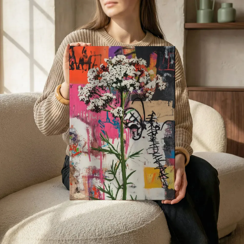 Sfeerimpressie: Witte kantbloemen terwijl het zittend wordt getoond