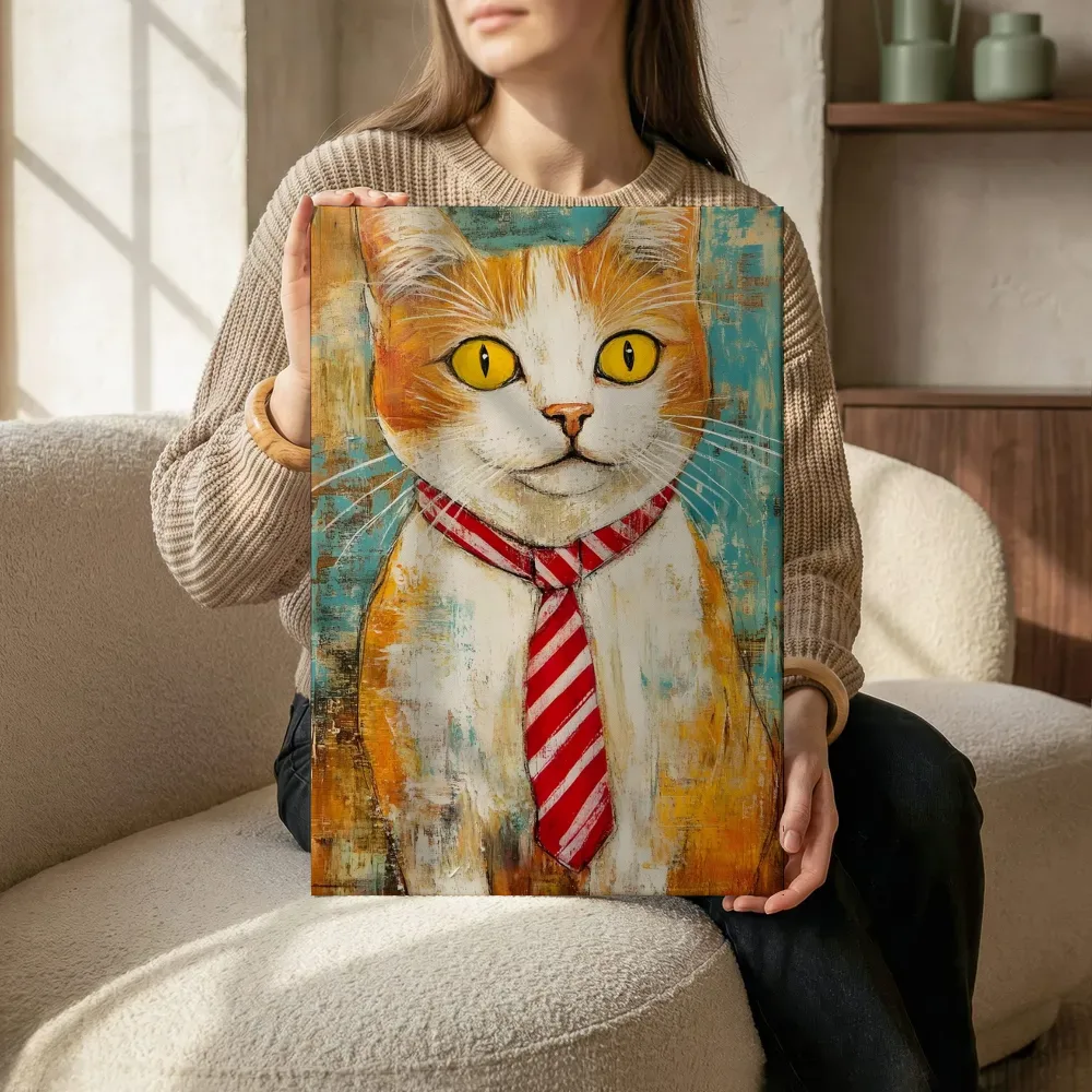 Sfeerimpressie: Witte kat met gestreepte stropdas terwijl het zittend wordt getoond
