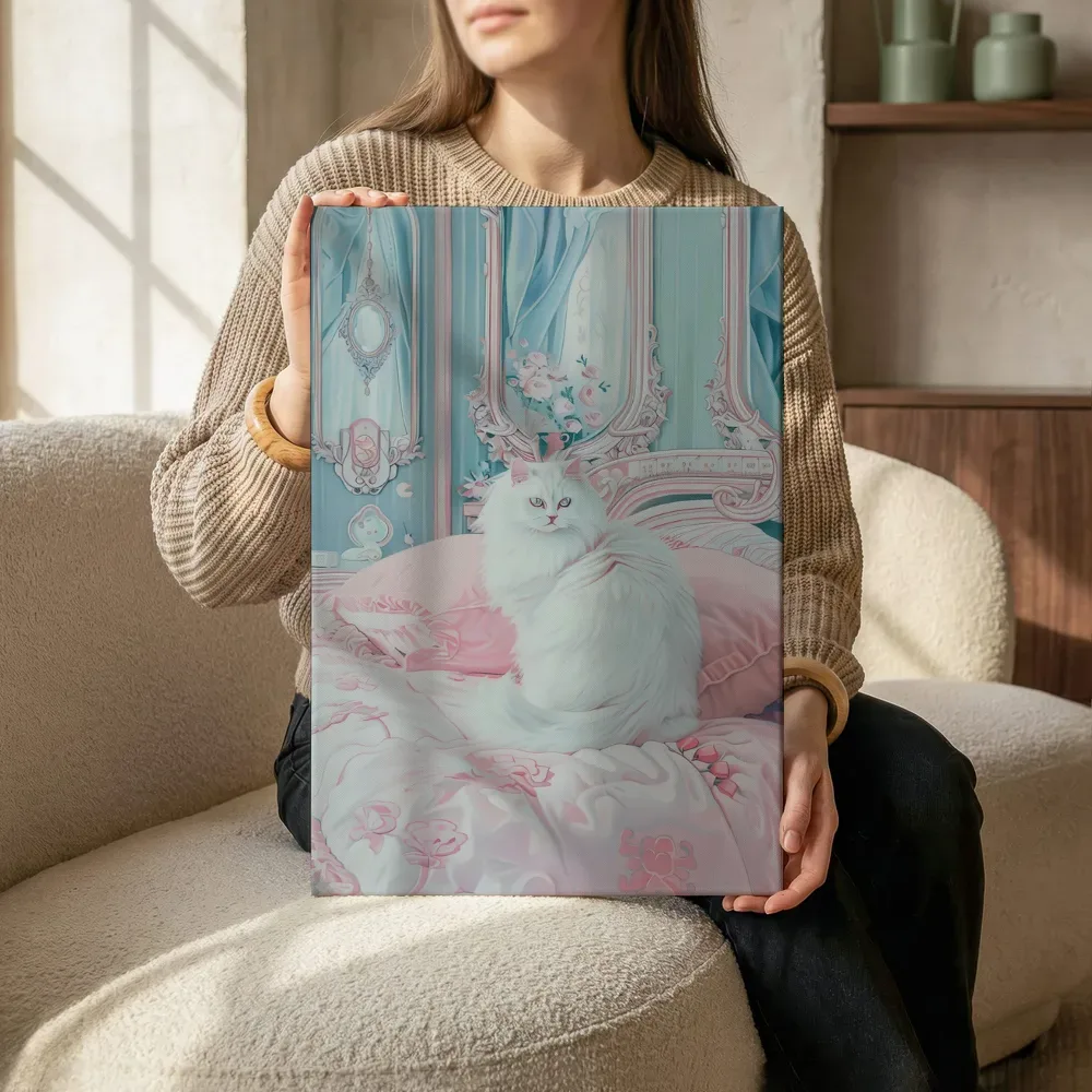 Sfeerimpressie: Witte kat op bed terwijl het zittend wordt getoond
