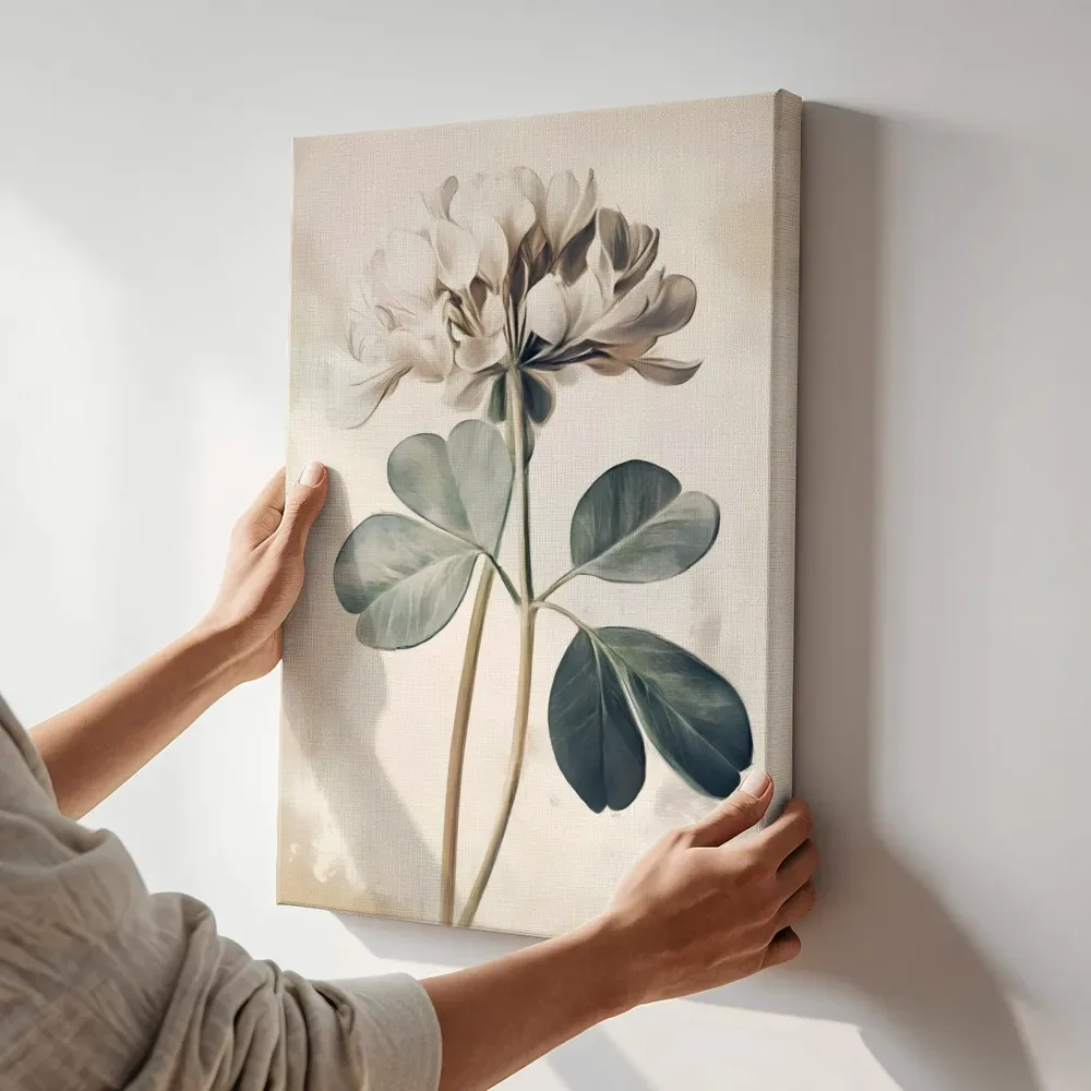 Sfeerimpressie: Witte klaverbloem studie terwijl het aan de muur wordt gehangen