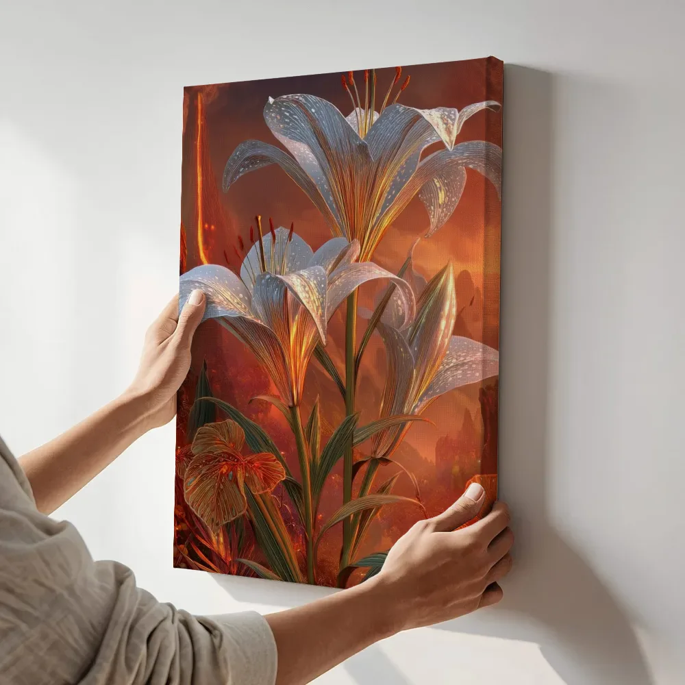 Sfeerimpressie: Witte lelies in het vurige landschap terwijl het aan de muur wordt gehangen