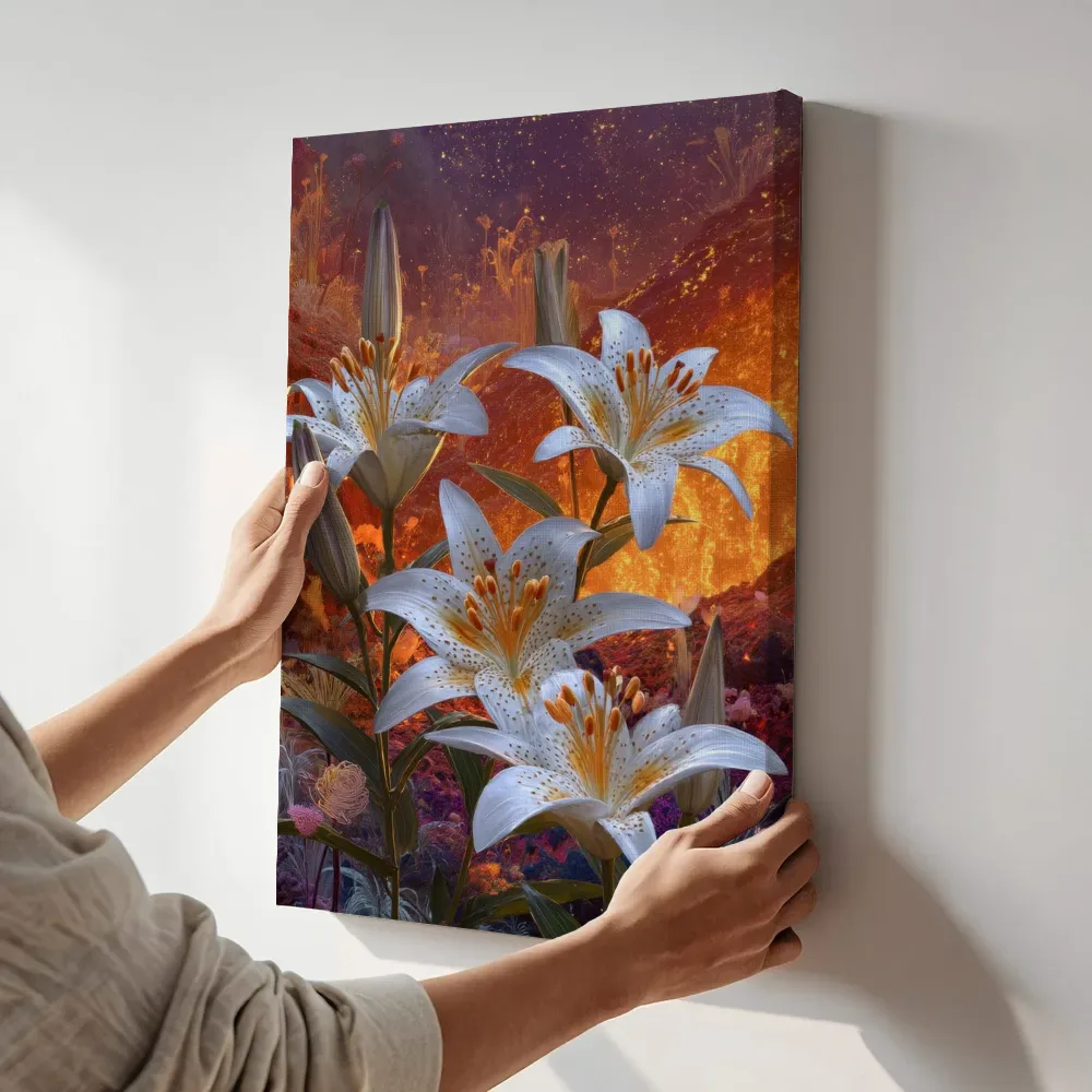 Sfeerimpressie: Witte lelies onder een vurige sterrenhemel terwijl het aan de muur wordt gehangen