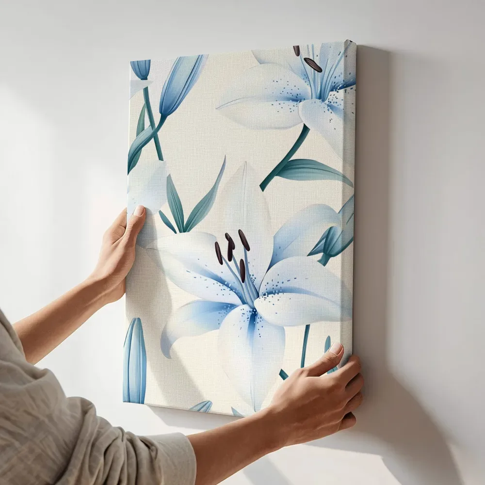 Sfeerimpressie: Witte lelies patroon terwijl het aan de muur wordt gehangen