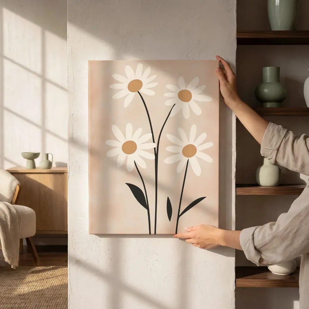 Sfeerimpressie: Witte madeliefjes minimalistisch naast de kast